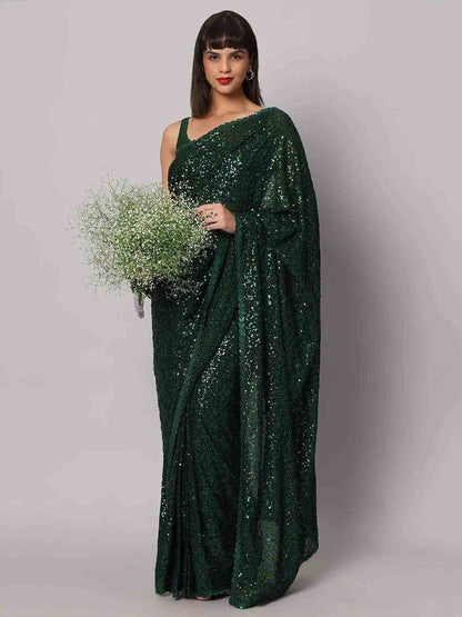 Tulsi Art Glamorous Green Sequins Georgette Designer Saree With Blouse