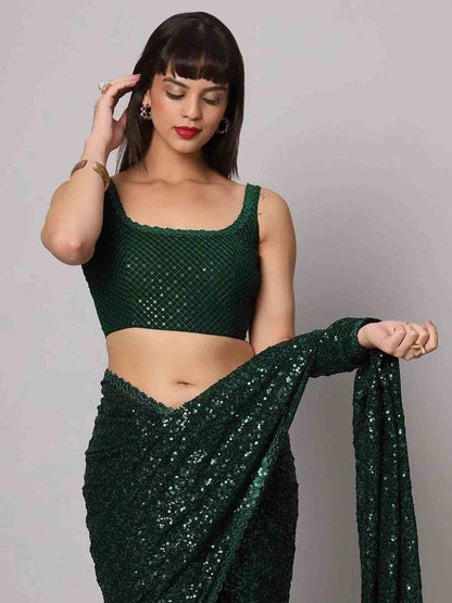 Tulsi Art Glamorous Green Sequins Georgette Designer Saree With Blouse