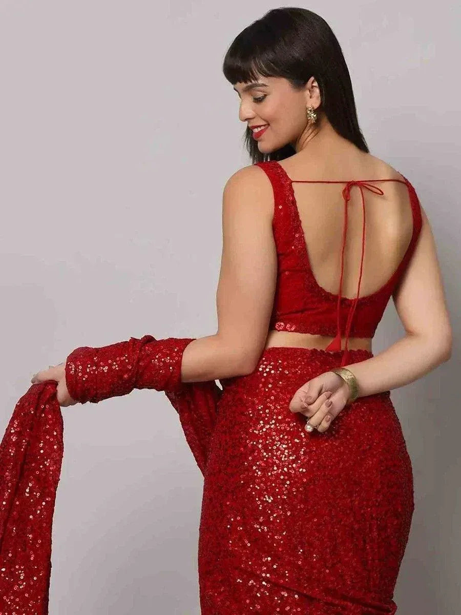 Tulsi Art Tantalizing Red Sequins Georgette Cocktail Party Wear Saree With Blouse