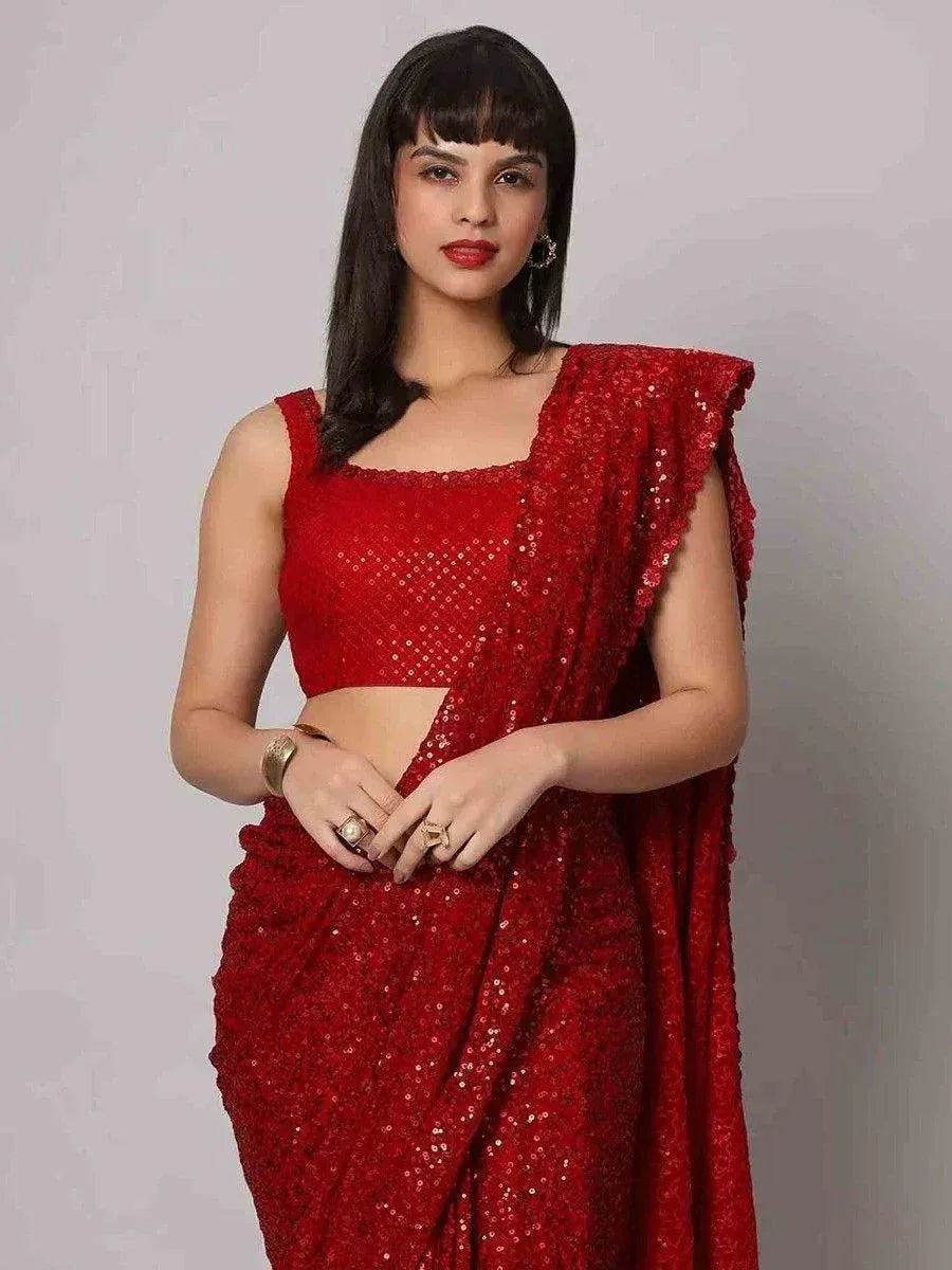 Tulsi Art Tantalizing Red Sequins Georgette Cocktail Party Wear Saree With Blouse