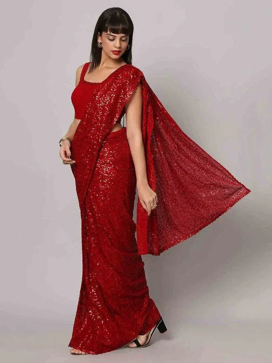 Tulsi Art Tantalizing Red Sequins Georgette Cocktail Party Wear Saree With Blouse
