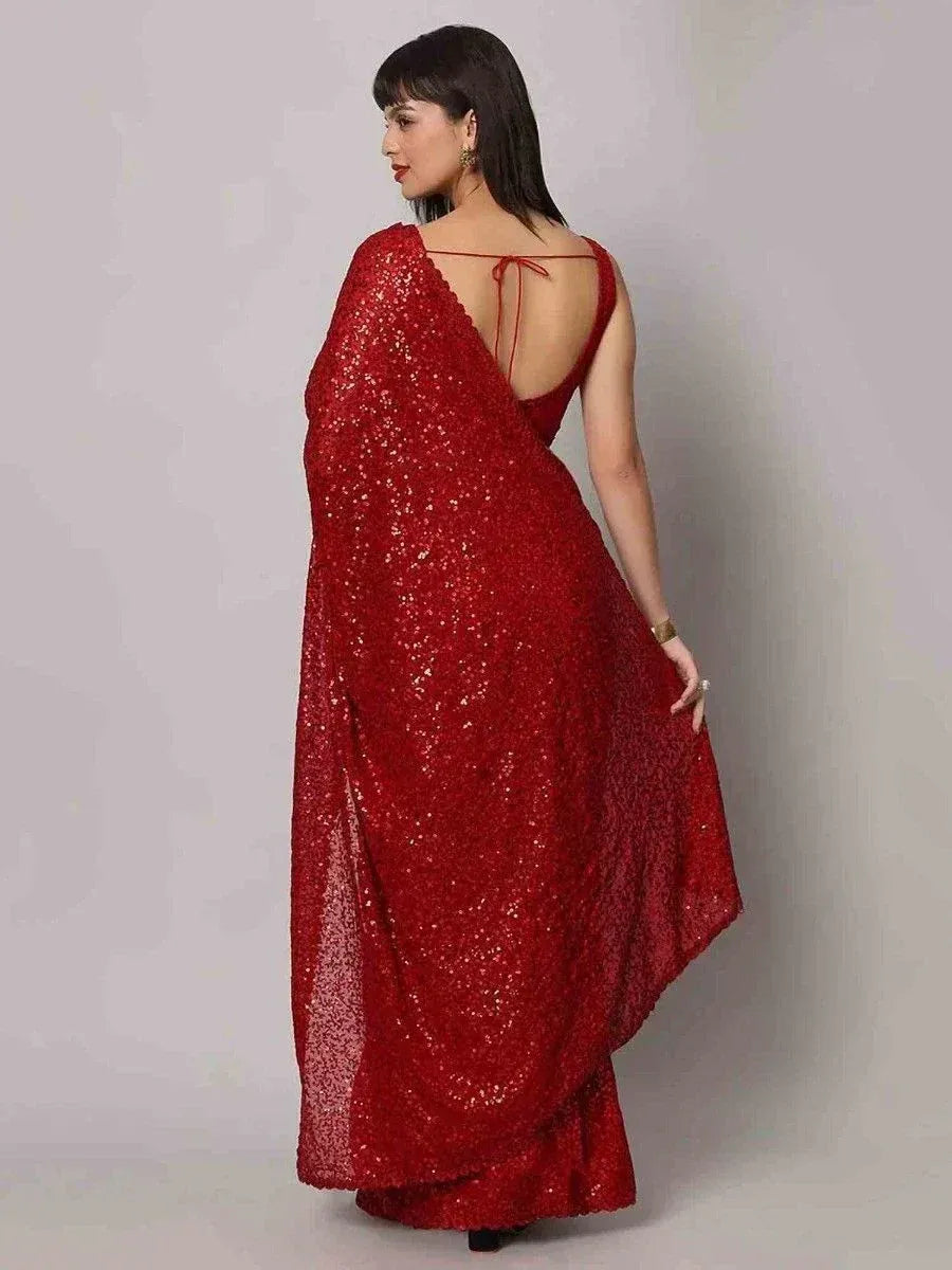 Tulsi Art Tantalizing Red Sequins Georgette Cocktail Party Wear Saree With Blouse