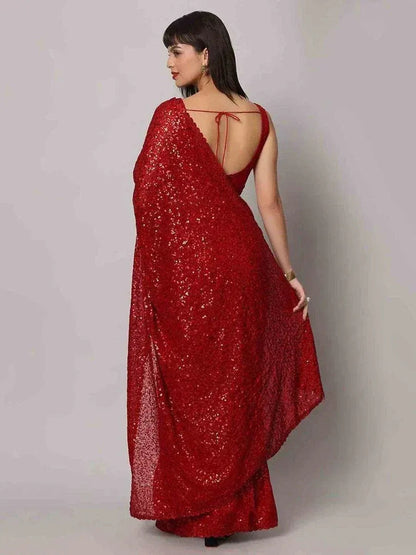 Tulsi Art Tantalizing Red Sequins Georgette Cocktail Party Wear Saree With Blouse