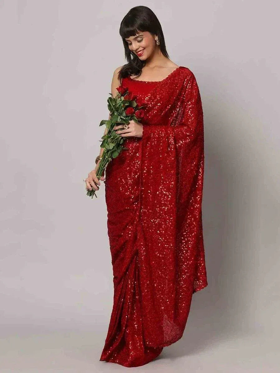 Tulsi Art Tantalizing Red Sequins Georgette Cocktail Party Wear Saree With Blouse