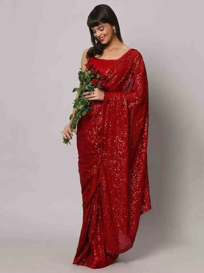 Tulsi Art Tantalizing Red Sequins Georgette Cocktail Party Wear Saree With Blouse