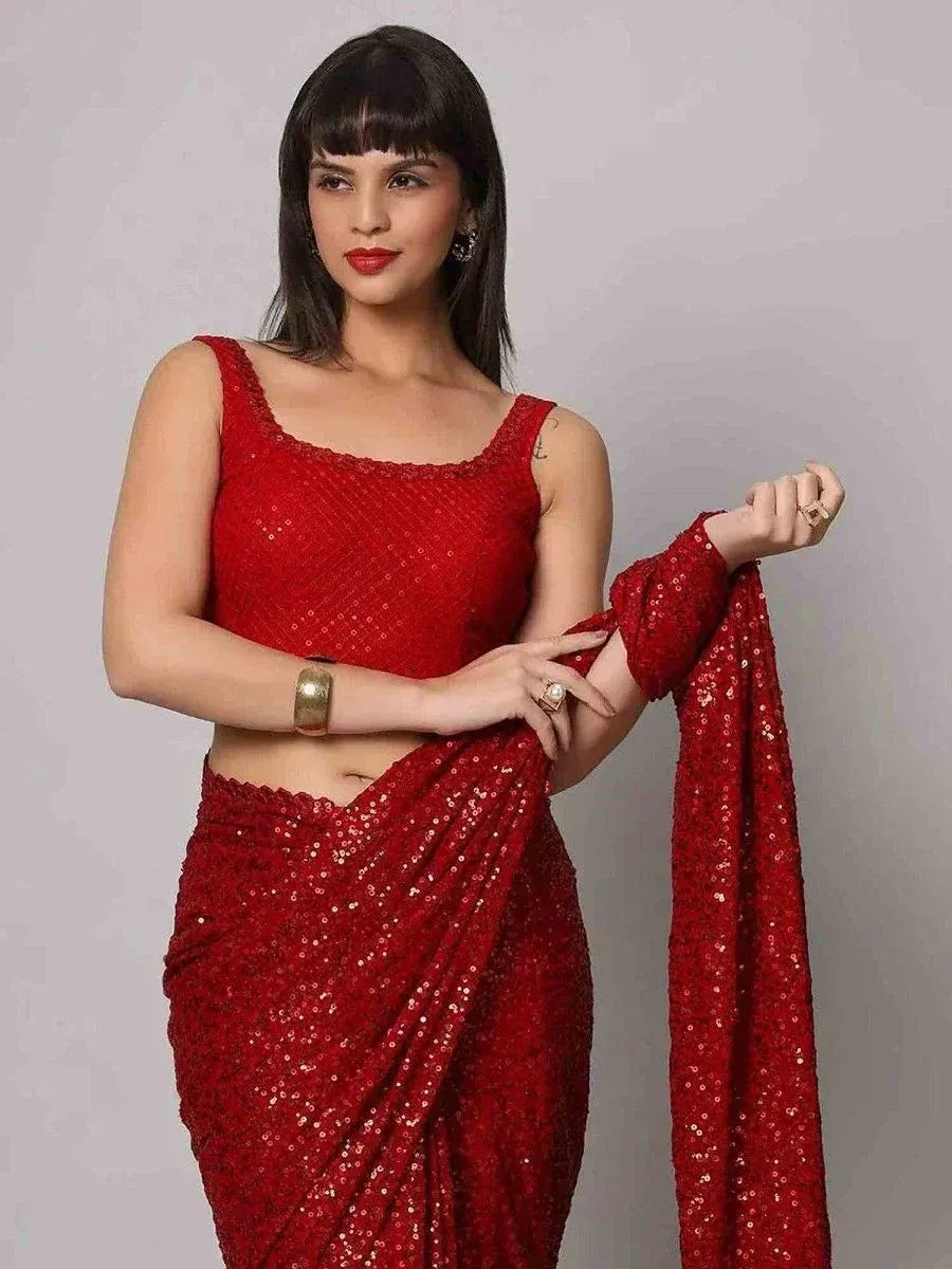 Tulsi Art Tantalizing Red Sequins Georgette Cocktail Party Wear Saree With Blouse