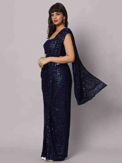 Tulsi Art Stunning Navy Blue Sequins Georgette Designer Saree With Blouse