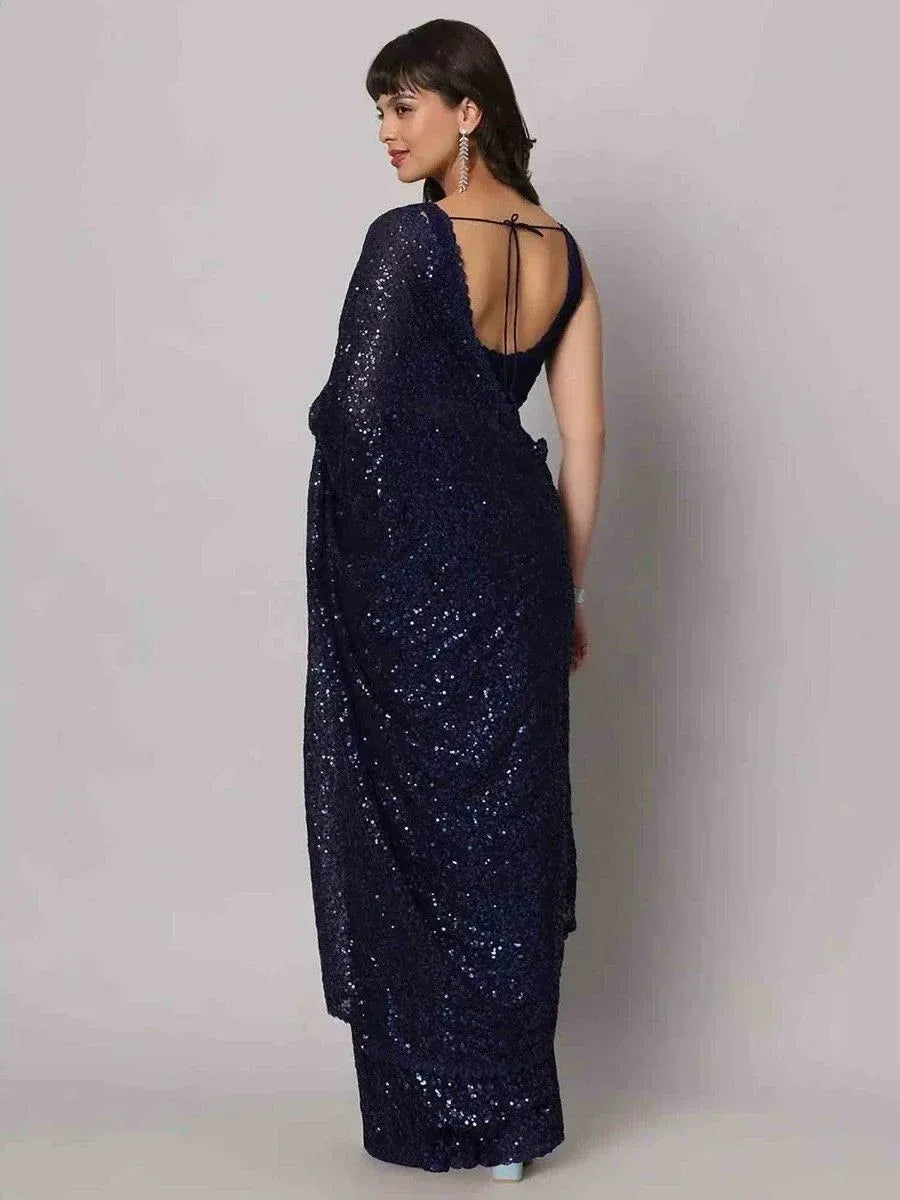 Tulsi Art Stunning Navy Blue Sequins Georgette Designer Saree With Blouse