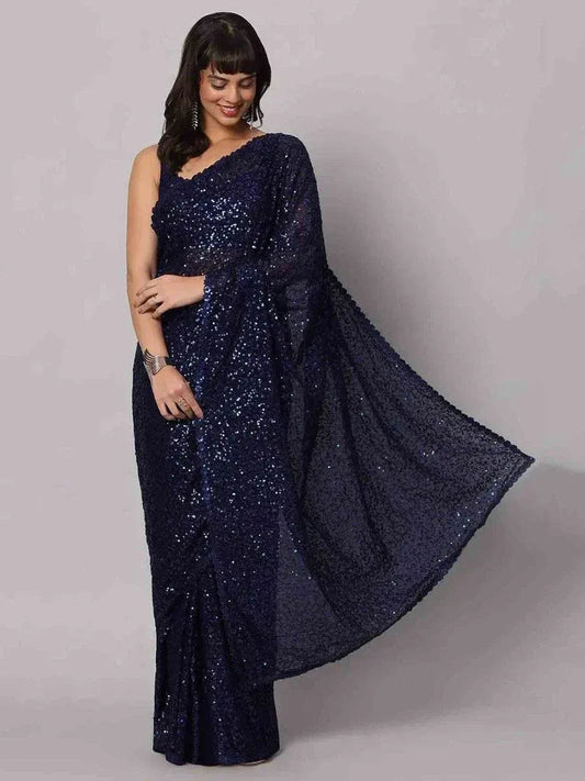 Tulsi Art Stunning Navy Blue Sequins Georgette Designer Saree With Blouse