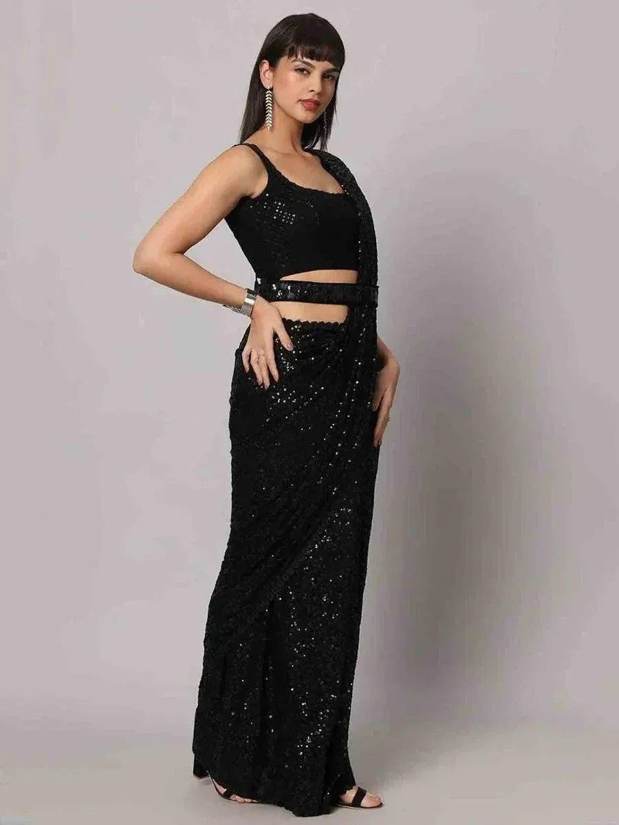 Tulsi Art Charming Black Sequins Georgette Reception Wear Saree With Blouse