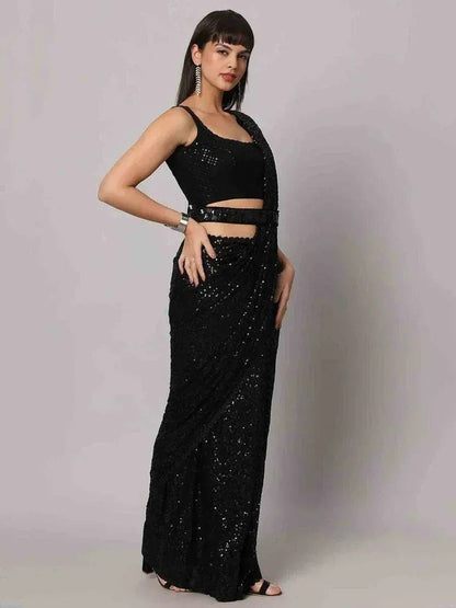 Tulsi Art Charming Black Sequins Georgette Reception Wear Saree With Blouse