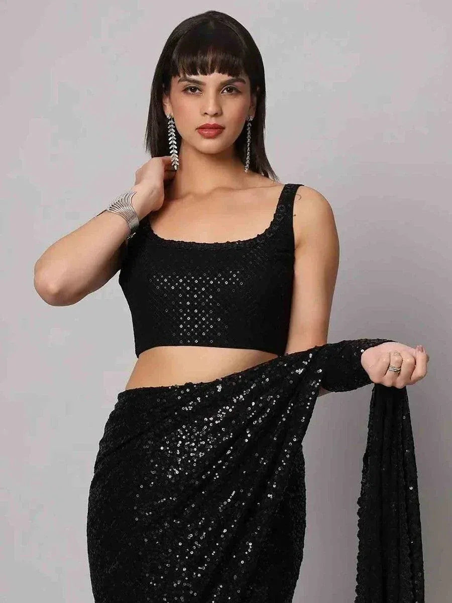 Tulsi Art Charming Black Sequins Georgette Reception Wear Saree With Blouse