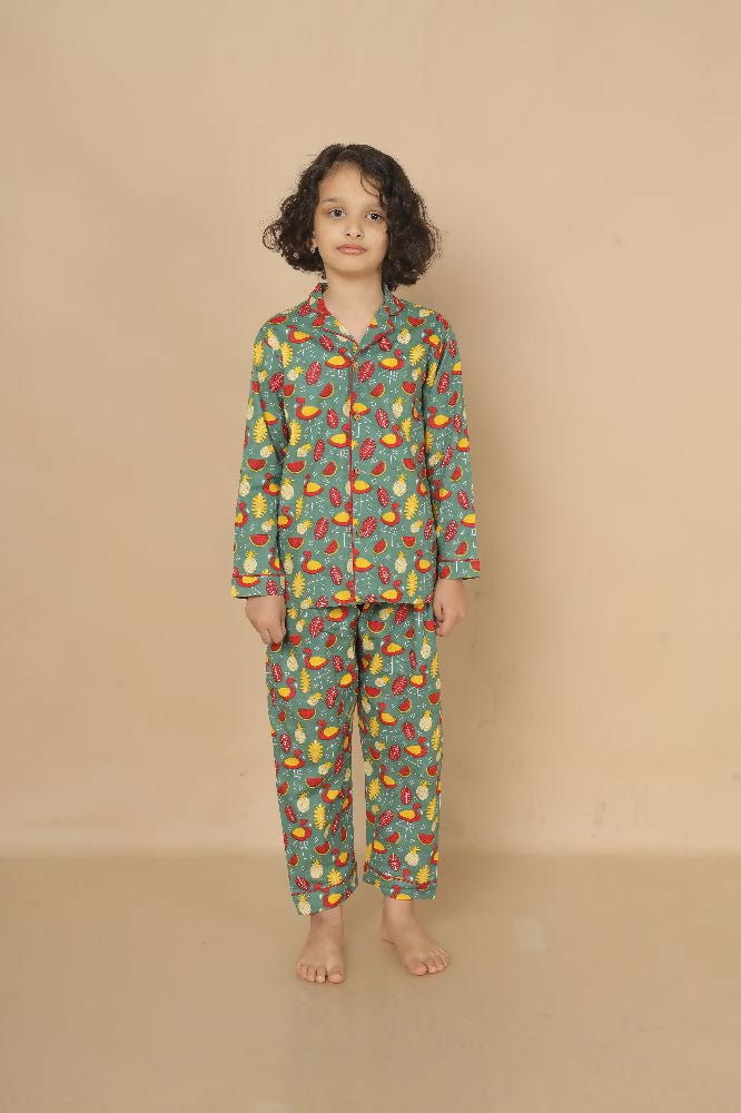 Breathables Kids Cotton Watermelon & Pineapple Print Night Suit  Green Full Sleeves Shirt & Pant Co-Ord Set | Nightwear