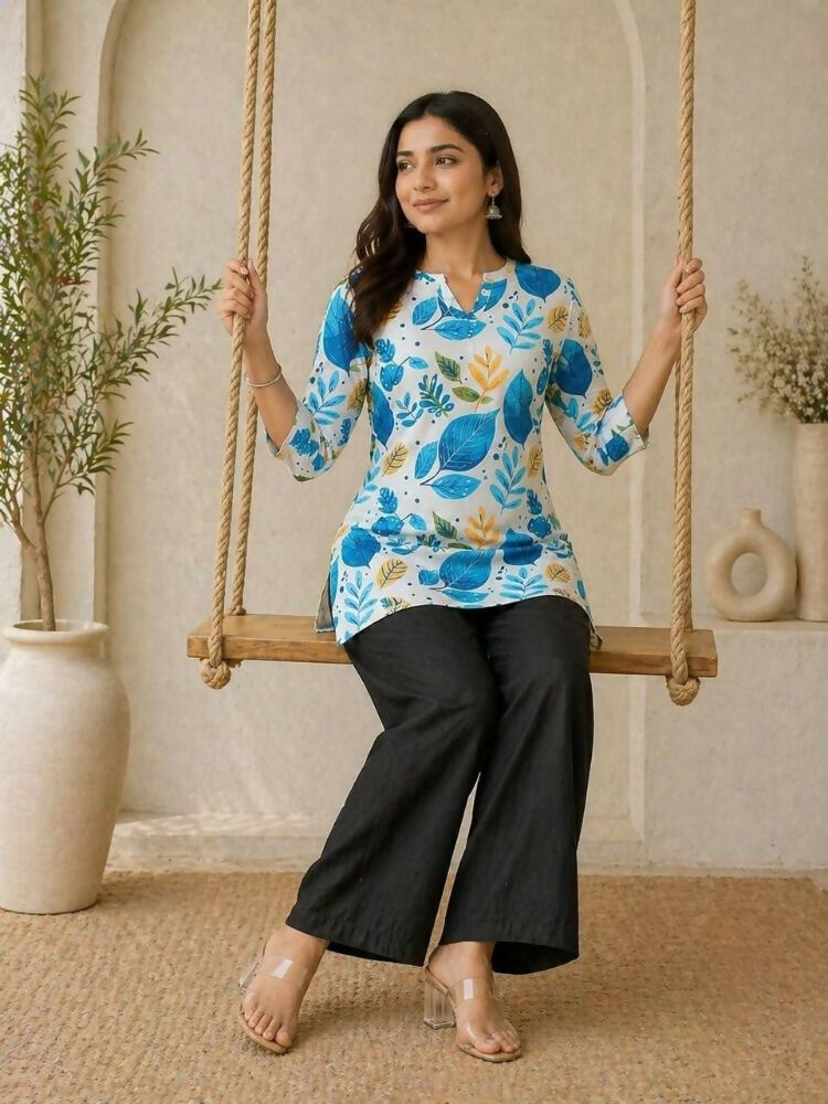 Teeya Creation New Latest Women White Blue Leaf Printed Cotton Kurti with Black Palazzo Set