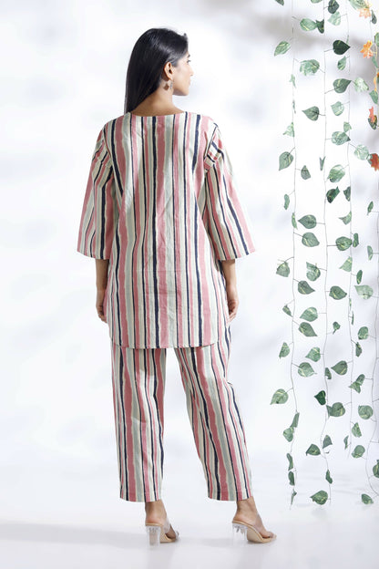 Breathables WomenS Pink Cotton Stripes Loungewear Co-Ord Set