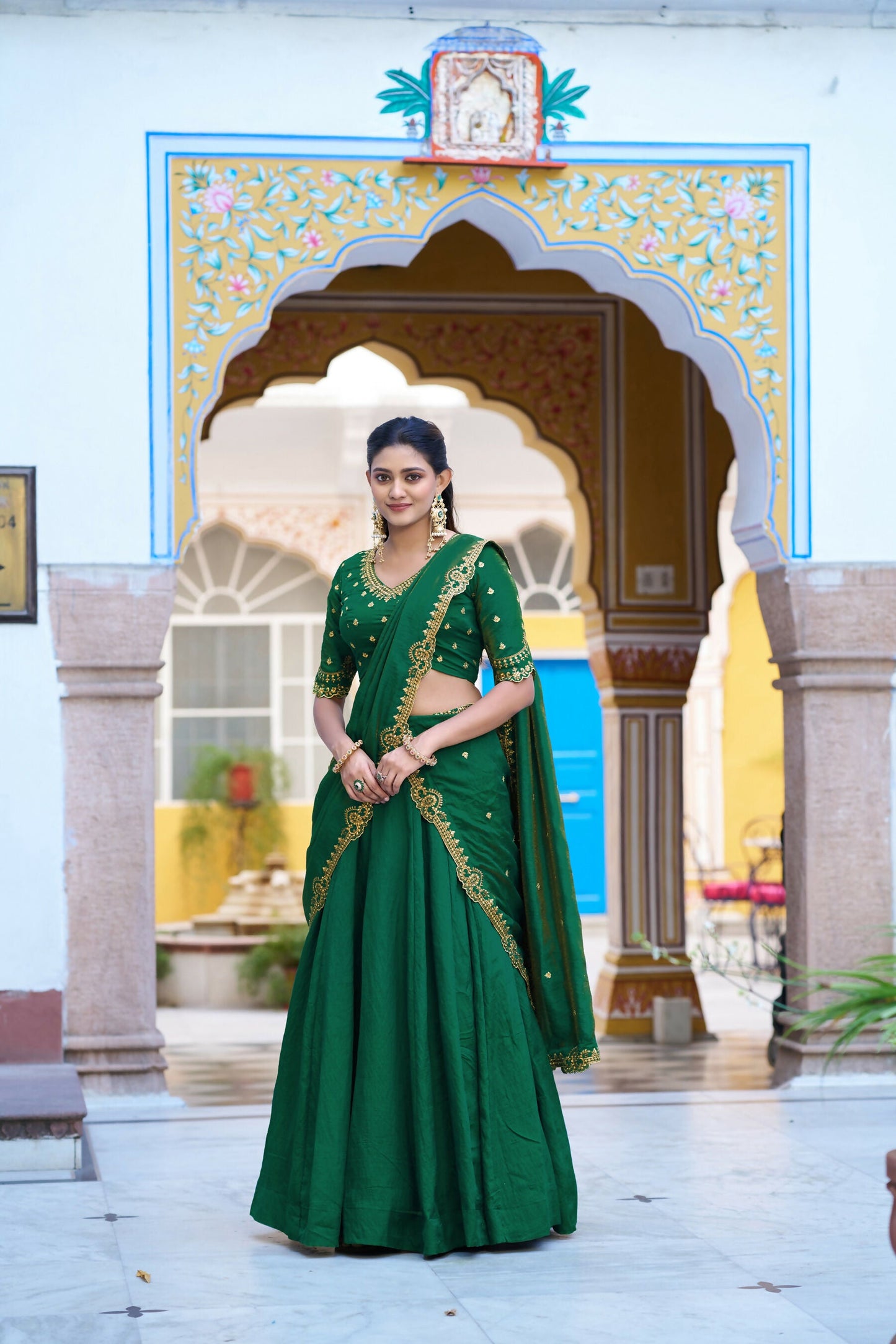 Lorenvalley Fashion Green NC Silk Plain Lehenga Embroidery Work Choli with Dupatta