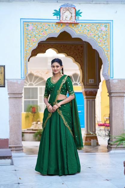 Lorenvalley Fashion Green NC Silk Plain Lehenga Embroidery Work Choli with Dupatta