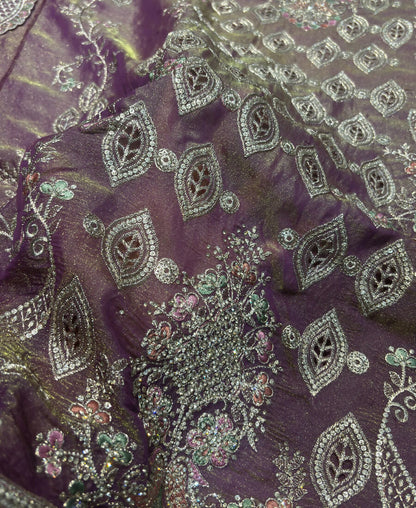 KC Heavy Embroidery Worked Two Ton Moss Silk Purple Suit For Women
