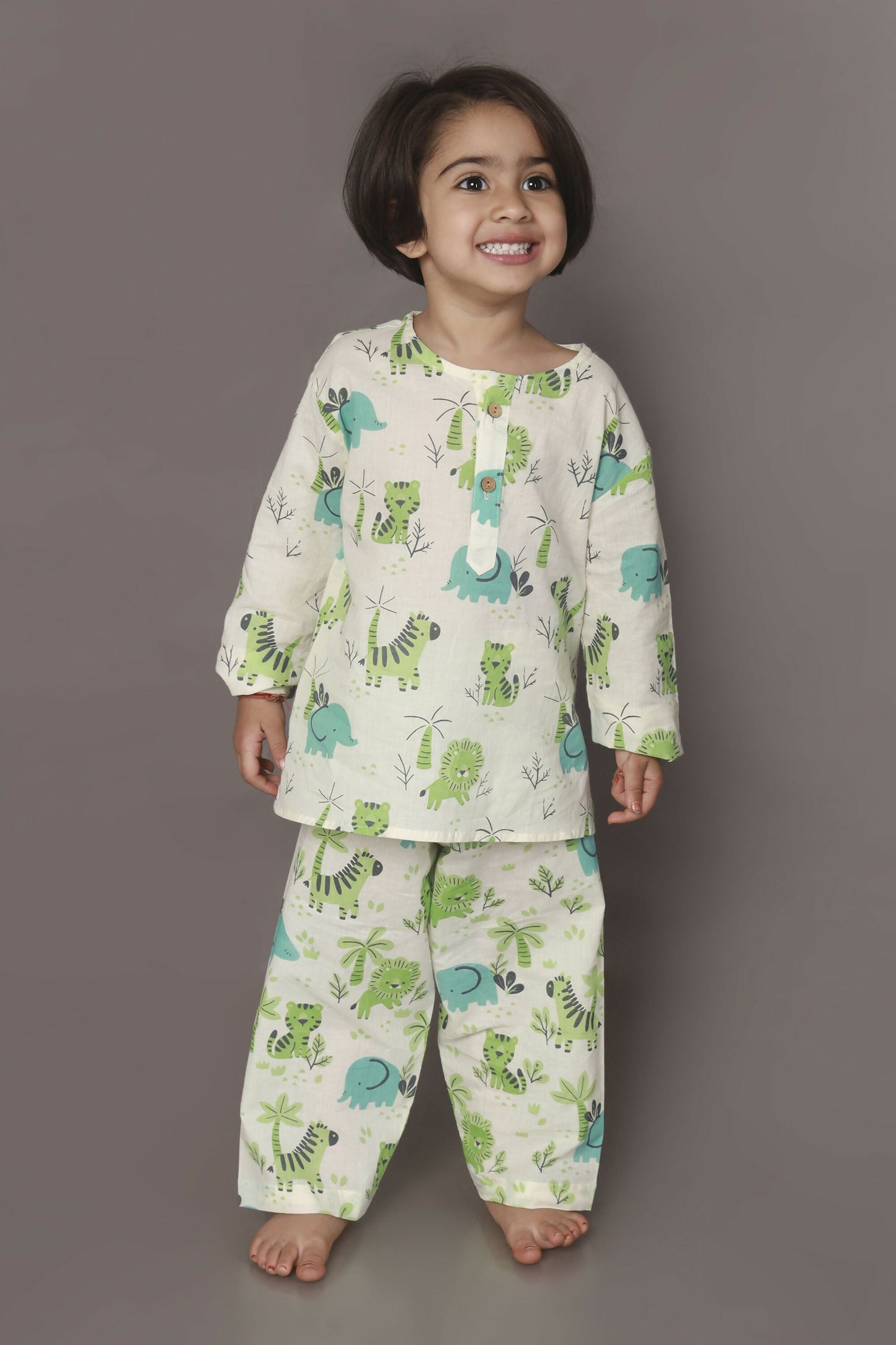 Breathables White Blue-Green Animal Cotton Nightsuit | Boys & Girls Kids
