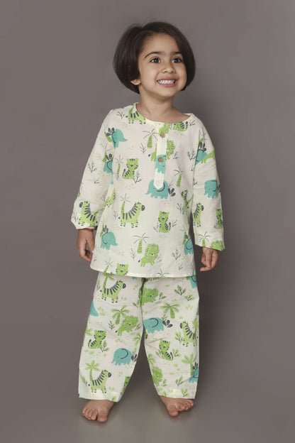 Breathables White Blue-Green Animal Cotton Nightsuit | Boys & Girls Kids