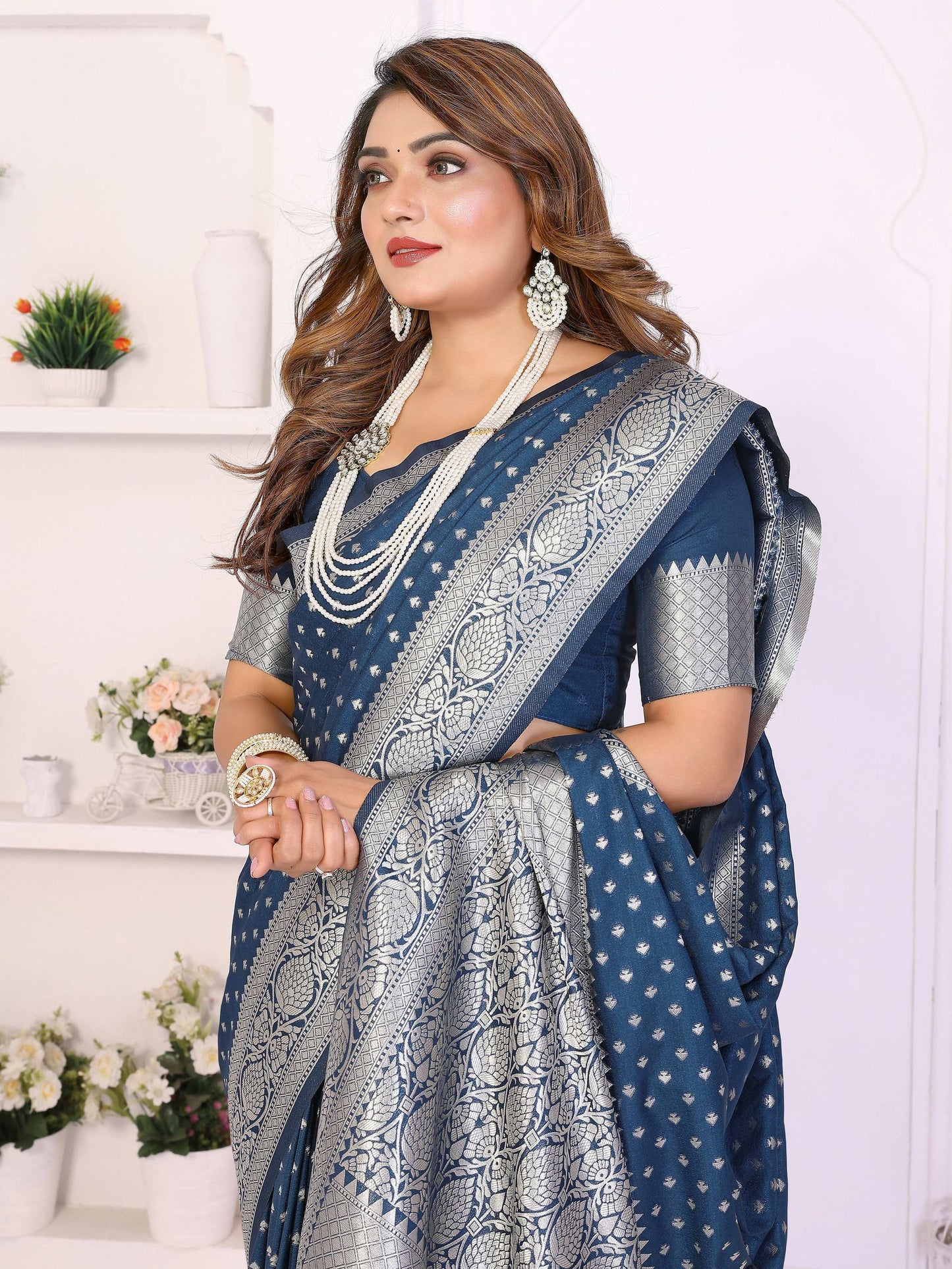 Aastha Fashion Navy Blue Georgette Silk Zari Weaving Saree