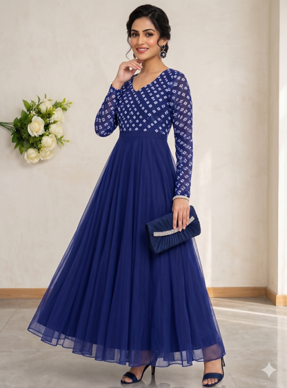 Teeya Creation Women's Royal Blue Bandhani Print Anarkali Gown