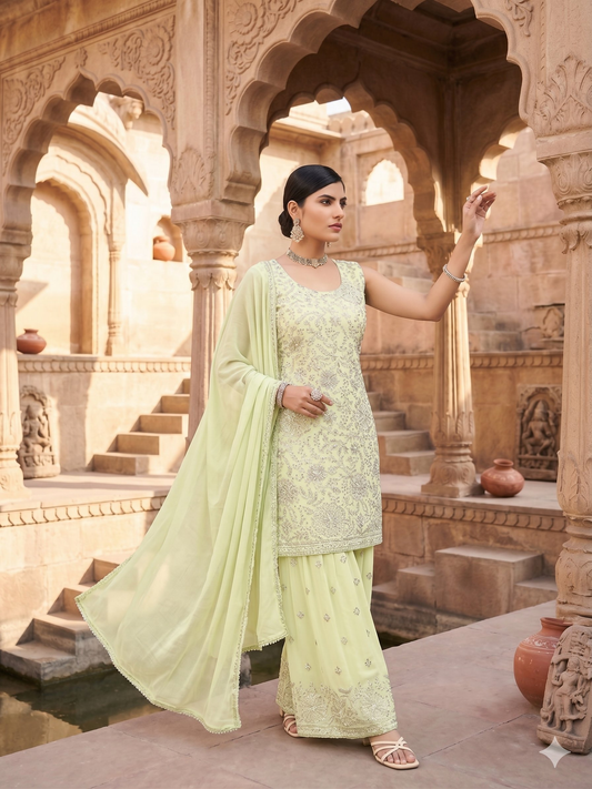 Teeya Creation Womens Georgette Green Embroidered Sharara Set With Sequence Work And Lace Border Dupatta