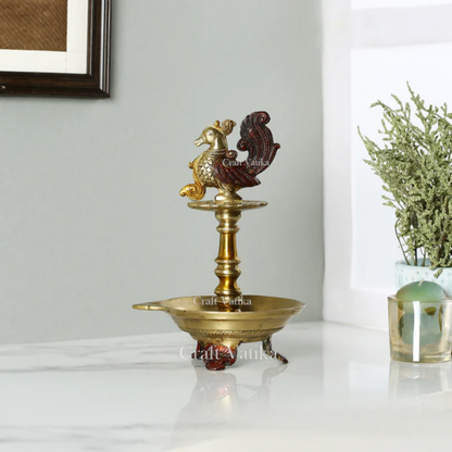 CraftVatika Brass Antique Bird Diya Puja Oil Lamp Showpiece