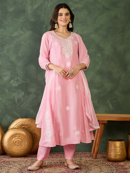 The52 Women's Beautiful Thread Work Cotton satin Fabric Flared Kurta Pant and Dupatta Set