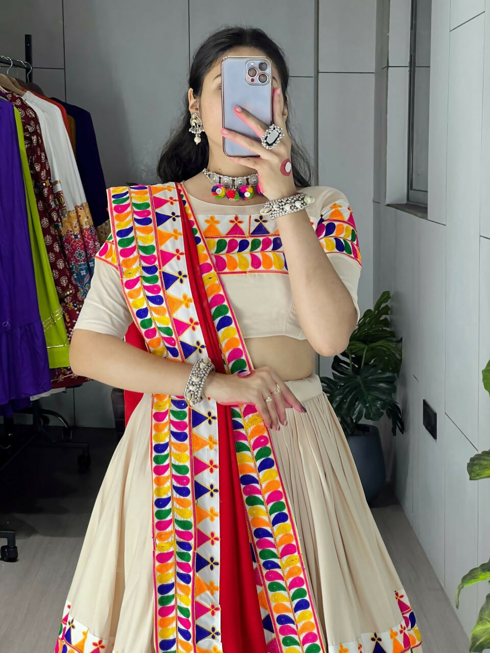 Yash Enterprise Cream Rayon Cotton Embroidery Semi Stitched Navratri Top Chaniya Choli