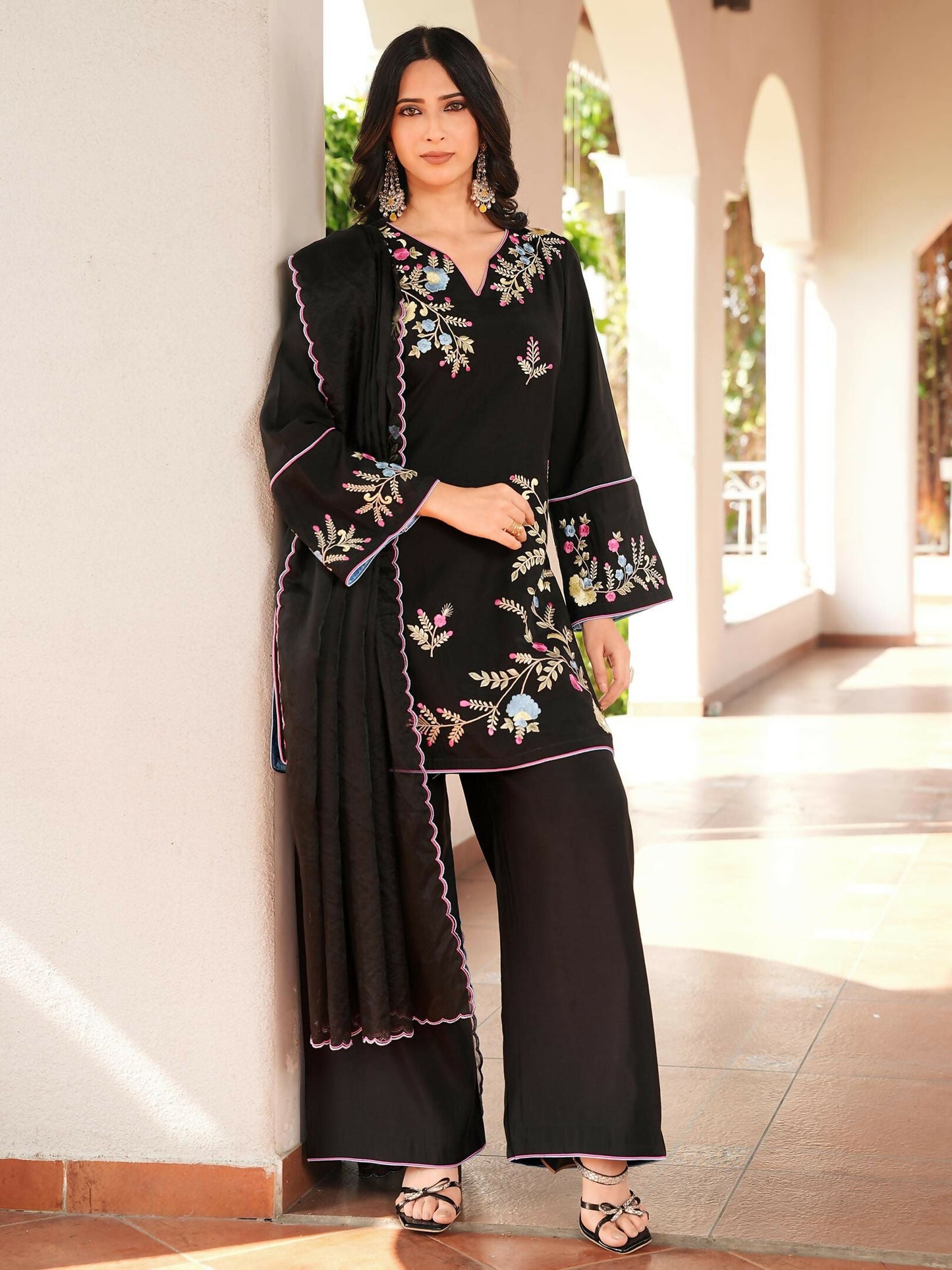 Nikhaar Black Embroidered Art Silk Stitched Straight Cut Kurta Culottes Dupatta Readymade Suit