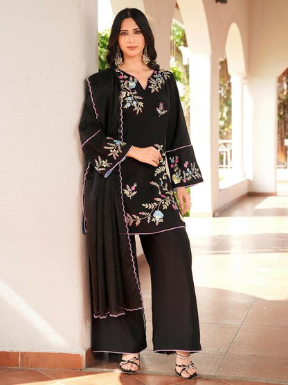 Nikhaar Black Embroidered Art Silk Stitched Straight Cut Kurta Culottes Dupatta Readymade Suit