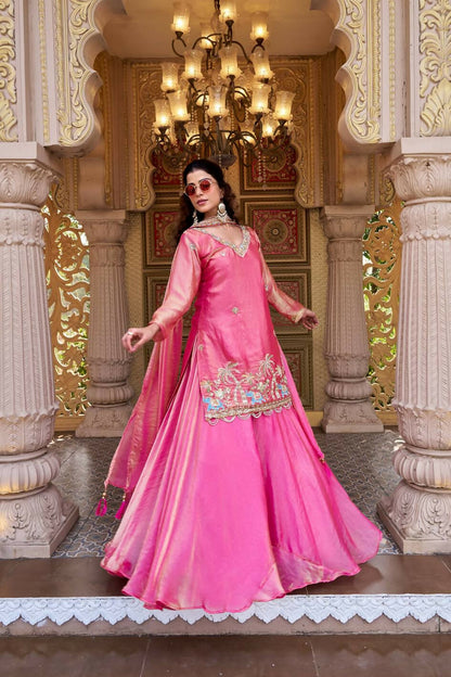 Teeya Creation Womens New Stylish Moti Beads With Cording Sequence Thread Embroidery Work Pink Kurta Set