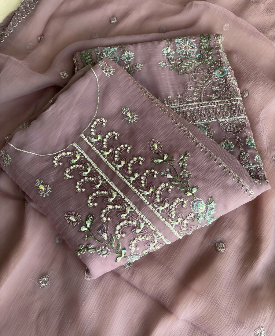 KC Heavy Chiffon Silk Pink Hand Embroidered Straight Suit For Women Wedding