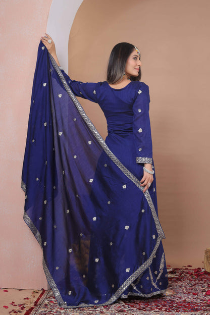 The52 Women's Gorgeous Embroidery Work Vichitra Blooming Fabric Straight Kurta Sharara and Dupatta Set-Blue