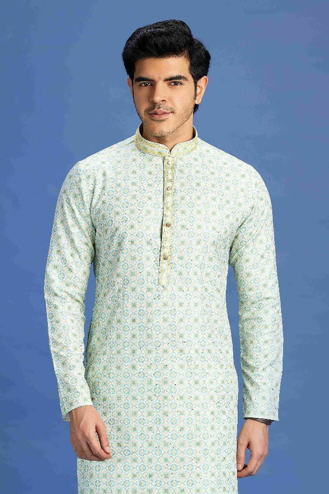 Raivat Ethnic Cotton Embroidery Kurta Pajama In Sea Green Colour