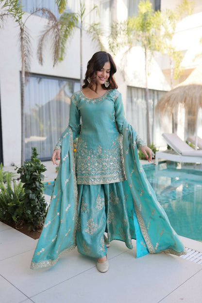 Teeya Creation Womens New Sky Color Fendi Crush With Zari & Sequins Embroidered Work