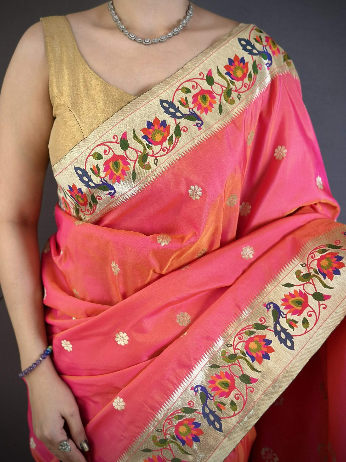 Prime Volt Premium Soft Silk Mayur Paithani Saree with Peacock Meena Weaving & Rich Pallu-Bright Pink
