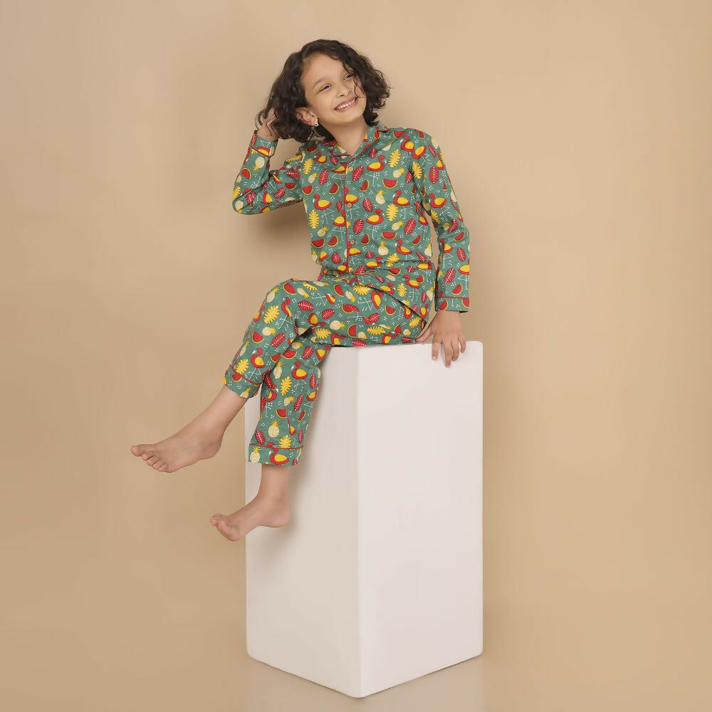 Breathables Kids Cotton Watermelon & Pineapple Print Night Suit  Green Full Sleeves Shirt & Pant Co-Ord Set | Nightwear