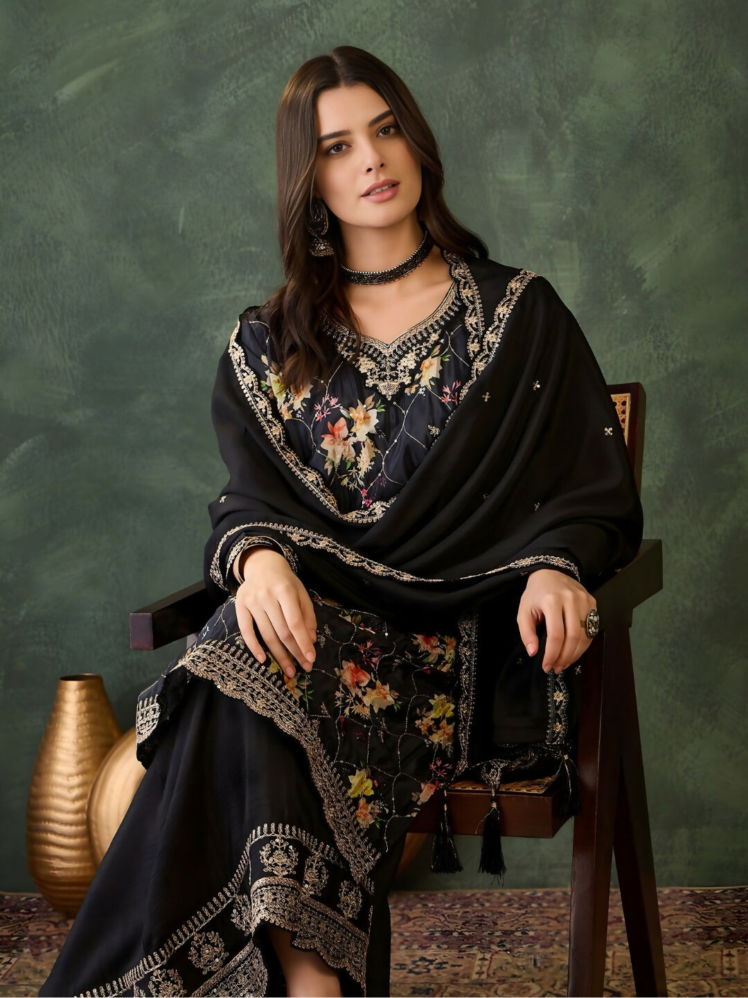The52 Women's Gorgeous Embroidery Chinon Fabric Straight Kurta Palazzo and Dupatta Set-Black