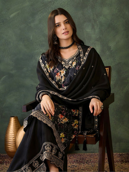 The52 Women's Gorgeous Embroidery Chinon Fabric Straight Kurta Palazzo and Dupatta Set-Black