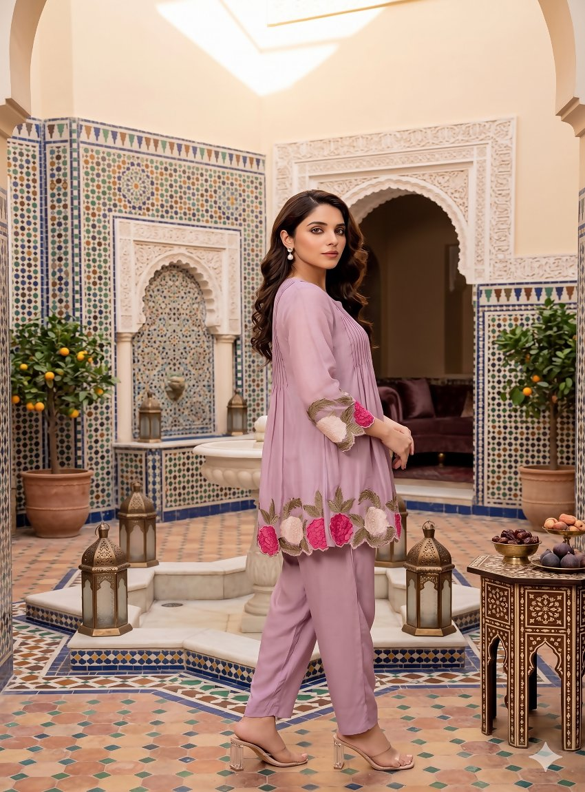 Teeya Creation Women's Peach Embroidered Kurti Set