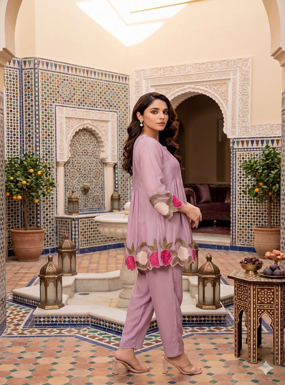 Teeya Creation Women's Peach Embroidered Kurti Set