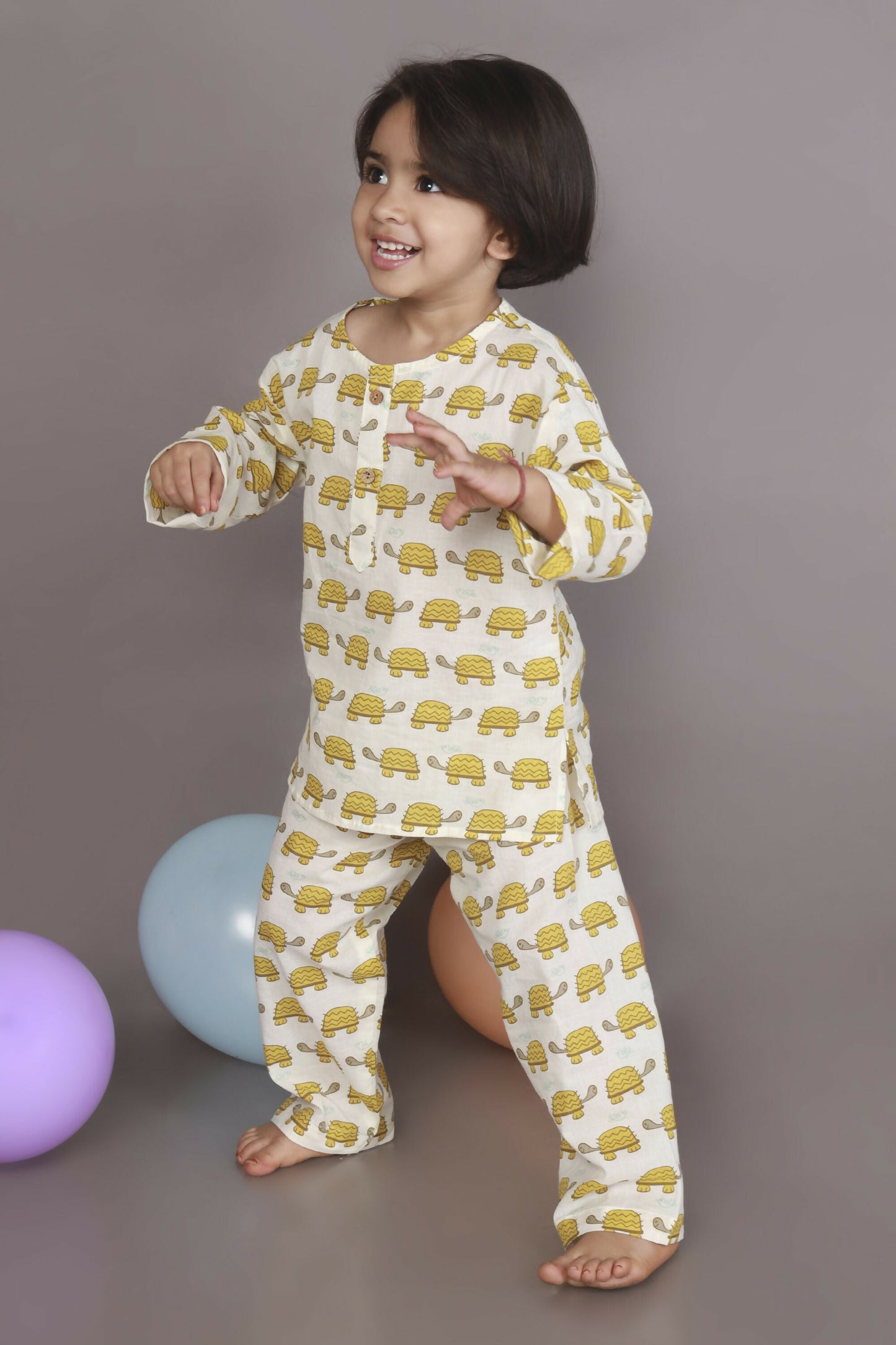 Breathables Kids Cotton Turtle Print Co-Ord Night Suit With Kurta And Pyjama  White & Yellow